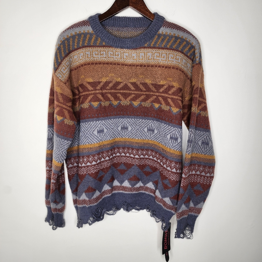 Unisex Multicolor Aztec Patterned Raw Hem Crewneck Sweater Medium Grandpacore